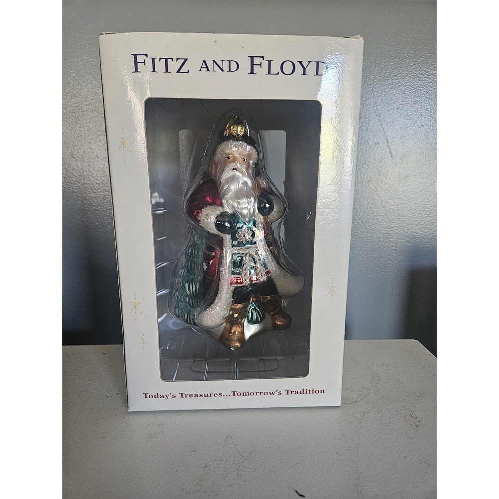 Fitz and Floyd Vintage Glass Christmas Ornament Xmas Lodge Large Santa 19/1638